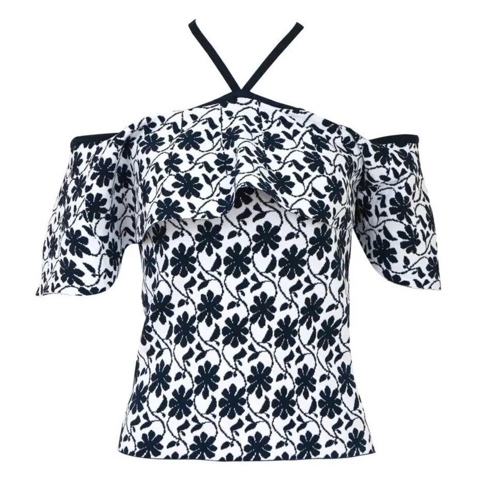 Club Monaco Rowlen Off Shoulder Top NWOT Small Navy White Floral Jacquard Knit